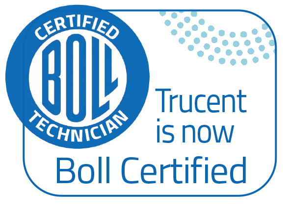 A blue and white badge reads "Certified Boll Technician." Next to it, text says "Trucent is now Boll Certified" with a dotted design in the top right corner.